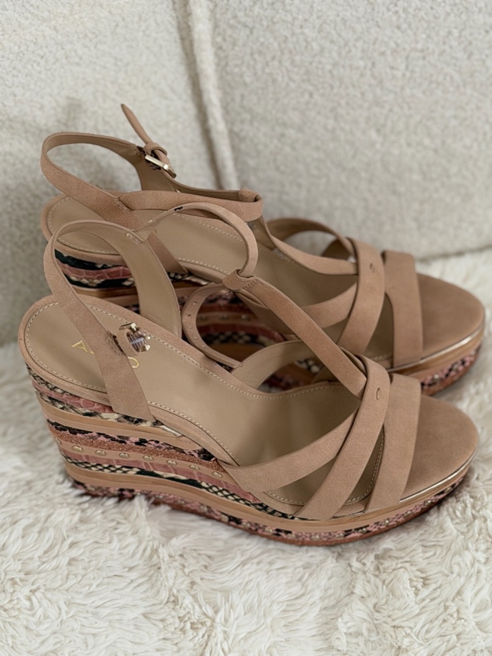 ALDO Beige and Brown Platform Wedge Sandals - Picture 2 of 5